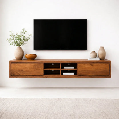 Floating Solid Wood TV Stand with Open Shelving Minimalist Media Console - Woodenecho
