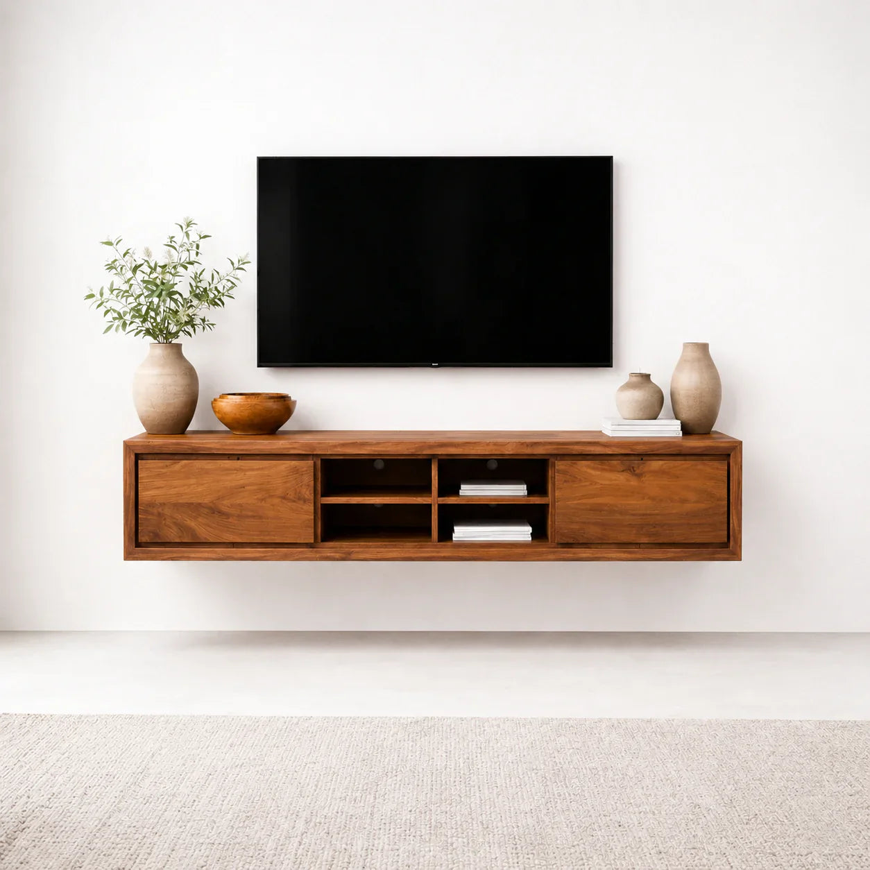 Floating Solid Wood TV Stand with Open Shelving Minimalist Media Console - Woodenecho