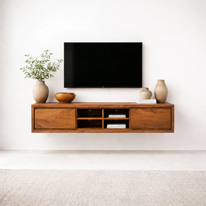 Floating Solid Wood TV Stand with Open Shelving Minimalist Media Console - Woodenecho