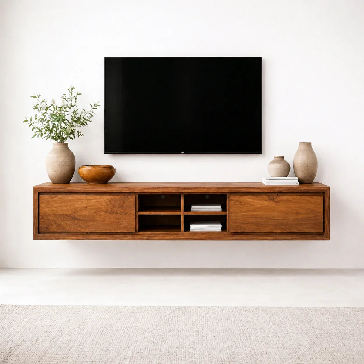 Floating Solid Wood TV Stand with Open Shelving Minimalist Media Console - Woodenecho