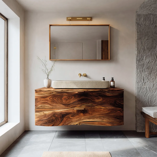 Floating Traditional Bathroom Vanity Cabinet in Natural Solid Wood - Rustirawood