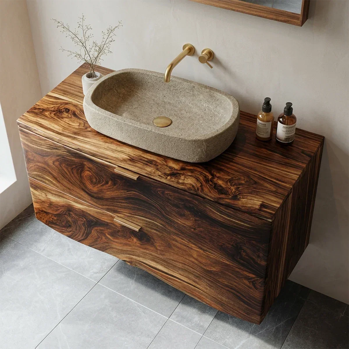 Floating Traditional Bathroom Vanity Cabinet in Natural Solid Wood - Rustirawood