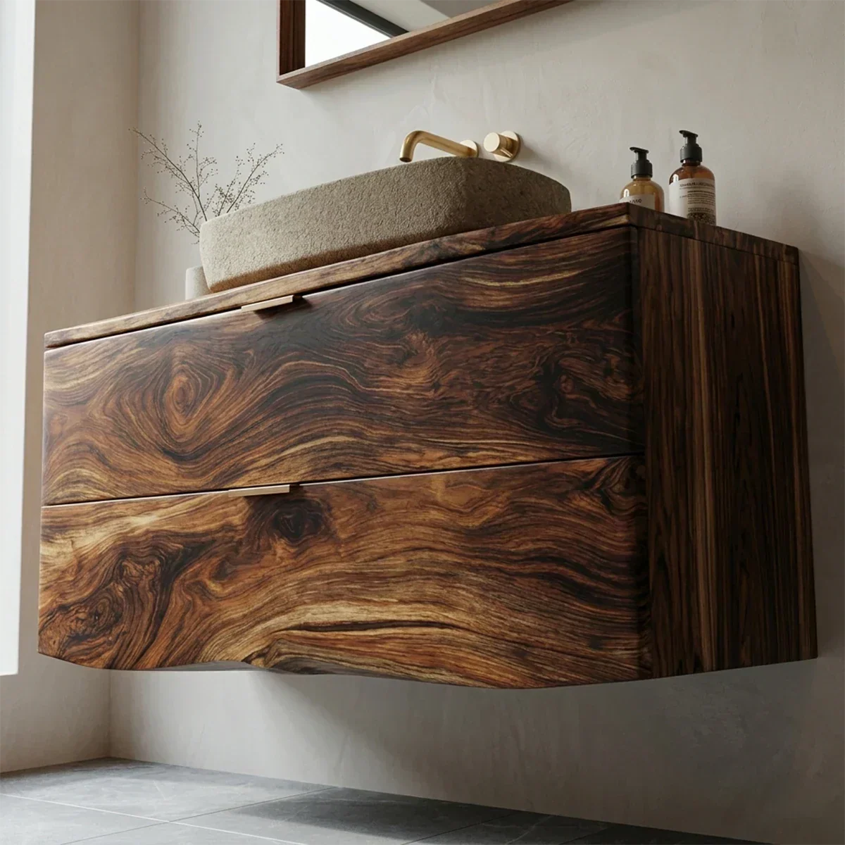 Floating Traditional Bathroom Vanity Cabinet in Natural Solid Wood - Rustirawood