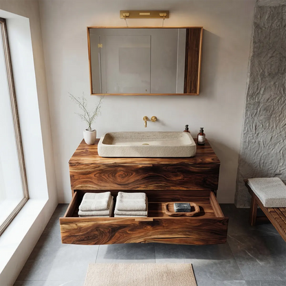 Floating Traditional Bathroom Vanity Cabinet in Natural Solid Wood - Rustirawood
