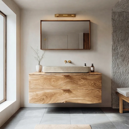 Floating Traditional Bathroom Vanity Cabinet in Natural Solid Wood - Rustirawood