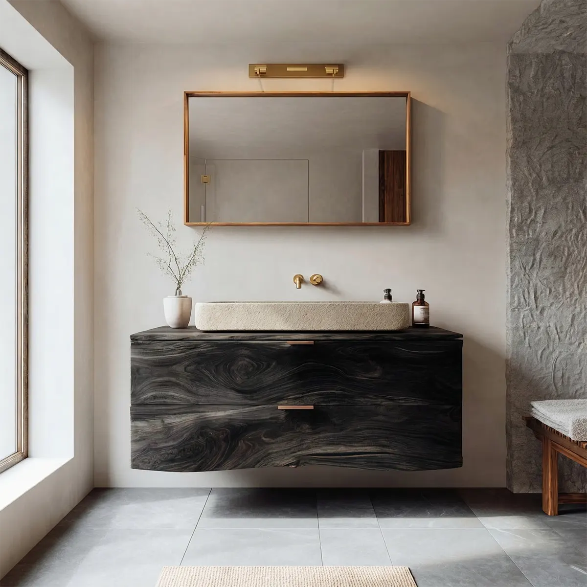 Floating Traditional Bathroom Vanity Cabinet in Natural Solid Wood - Rustirawood