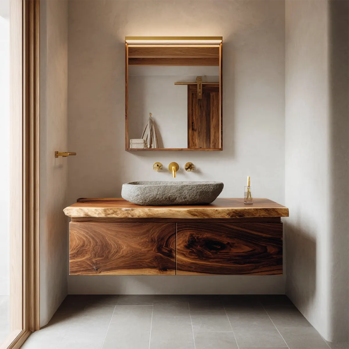 Floating Traditional Bathroom Vanity Cabinet in Natural Solid Wood - Rustirawood