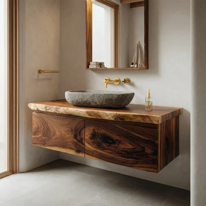 Floating Traditional Bathroom Vanity Cabinet in Natural Solid Wood - Rustirawood