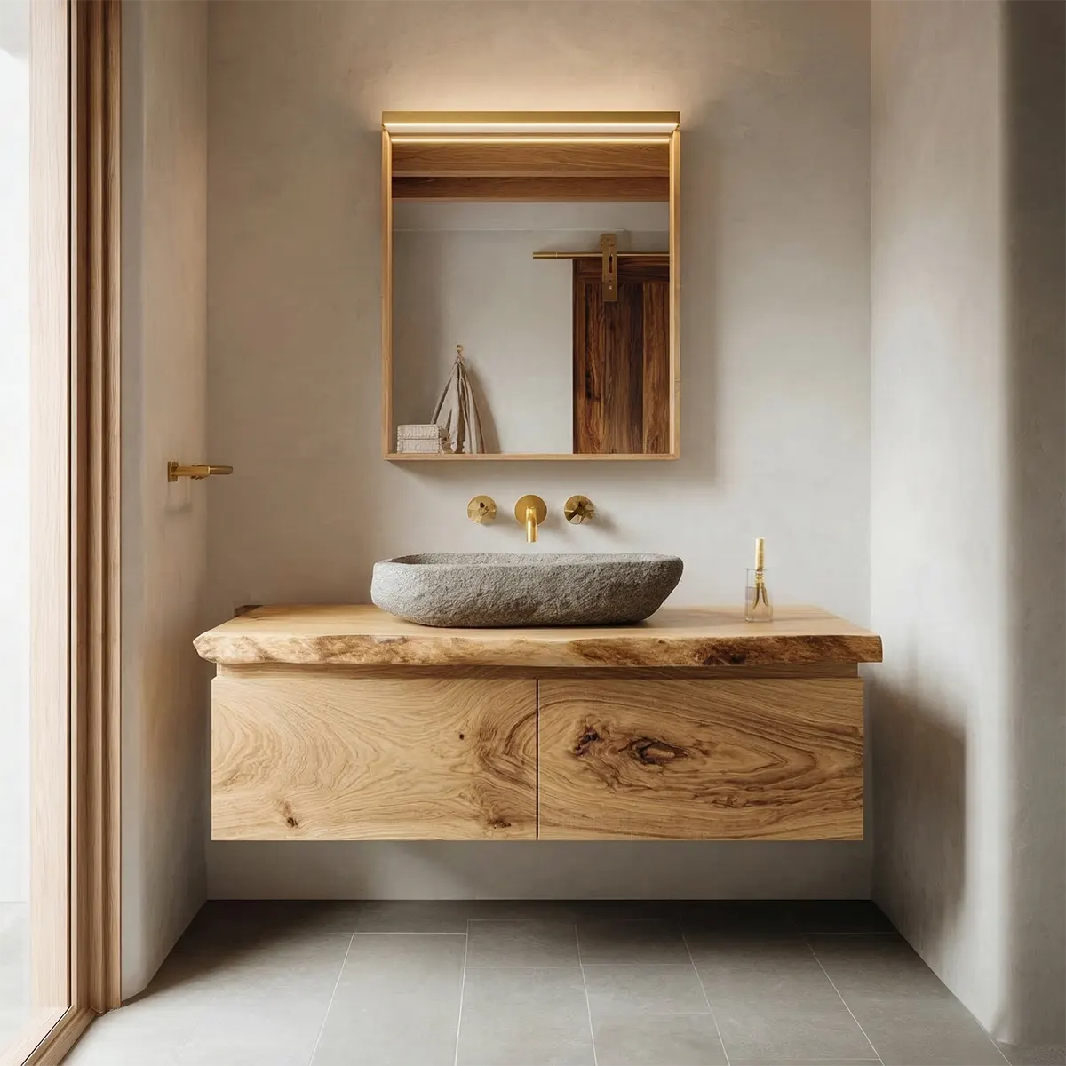 Floating Traditional Bathroom Vanity Cabinet in Natural Solid Wood - Rustirawood