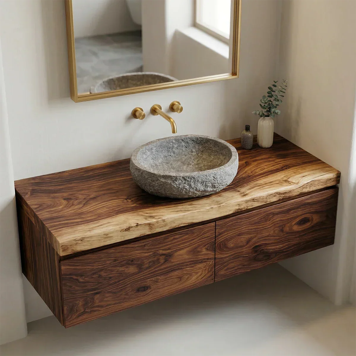 Floating Traditional Bathroom Vanity Cabinet in Natural Solid Wood - Rustirawood
