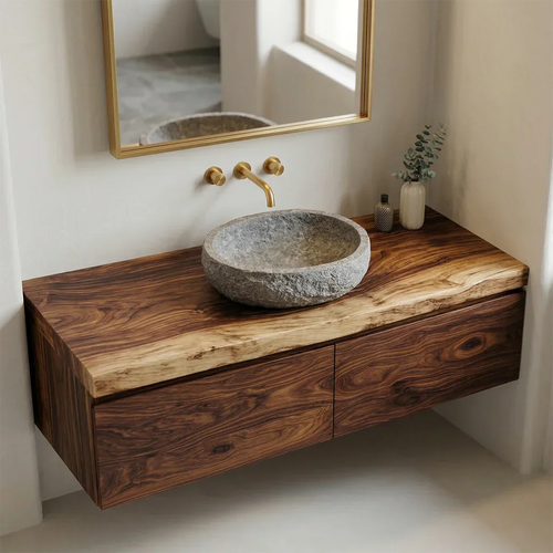 Floating Traditional Bathroom Vanity Cabinet in Natural Solid Wood - Rustirawood