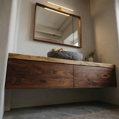 Floating Traditional Bathroom Vanity Cabinet in Natural Solid Wood - Rustirawood