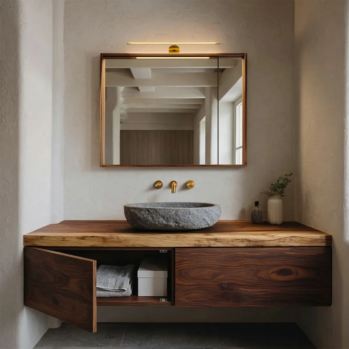 Floating Traditional Bathroom Vanity Cabinet in Natural Solid Wood - Rustirawood