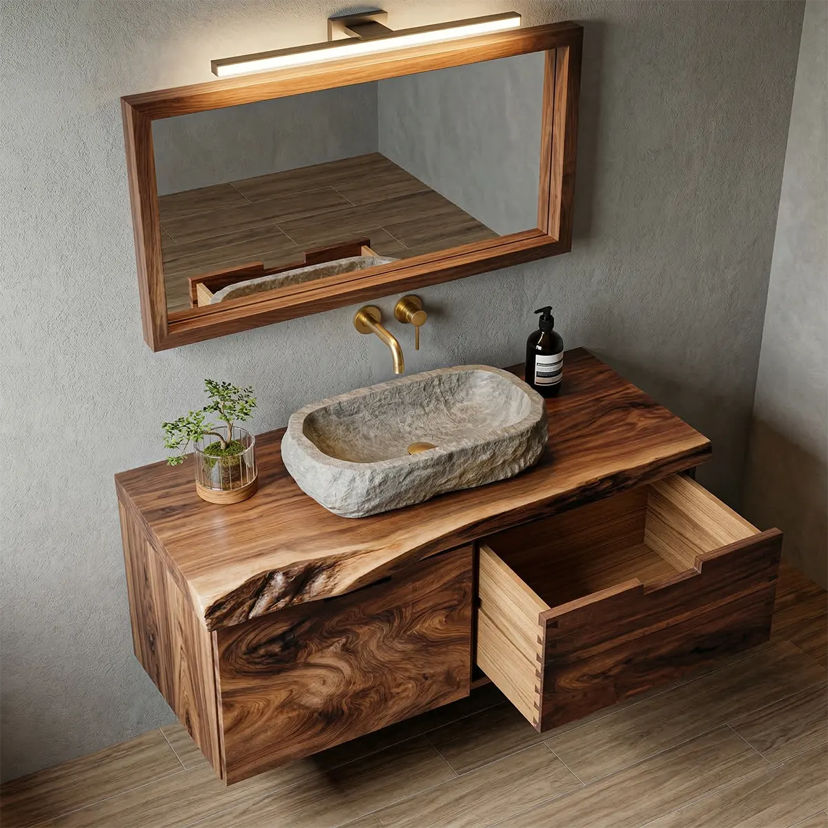 Floating Traditional Bathroom Vanity Cabinet in Natural Solid Wood - Rustirawood