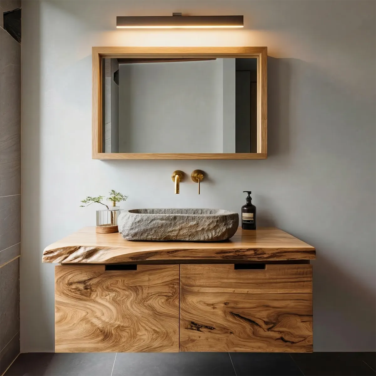 Floating Traditional Bathroom Vanity Cabinet in Natural Solid Wood - Rustirawood