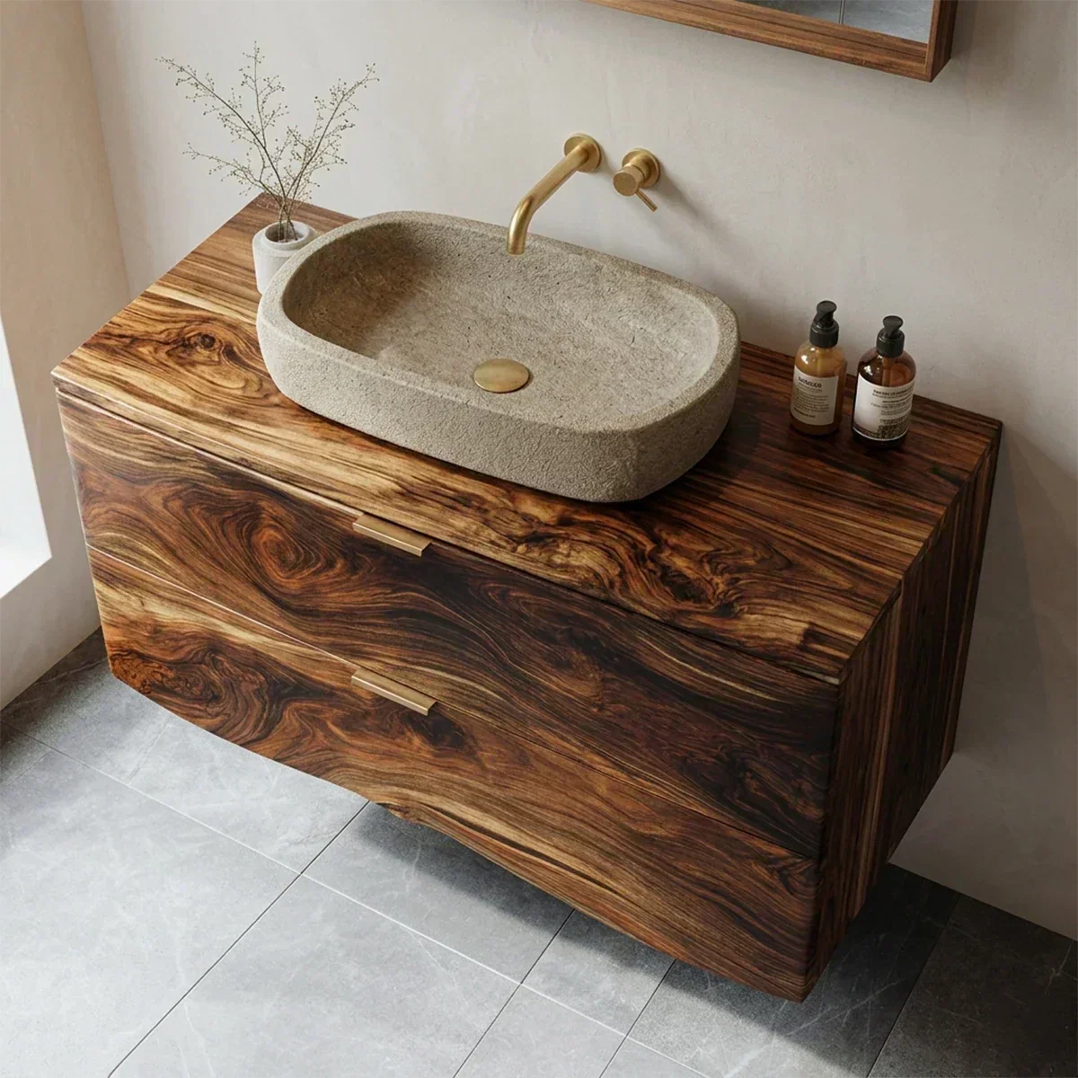 Floating Traditional Bathroom Vanity Cabinet in Natural Solid Wood - Woodenecho