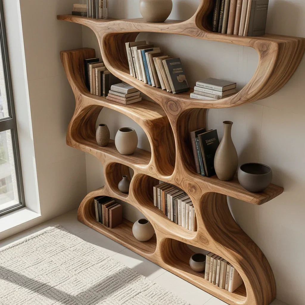 Flow Solid Wood Bookshelf – Sculpted Form Edition - Rustirawood