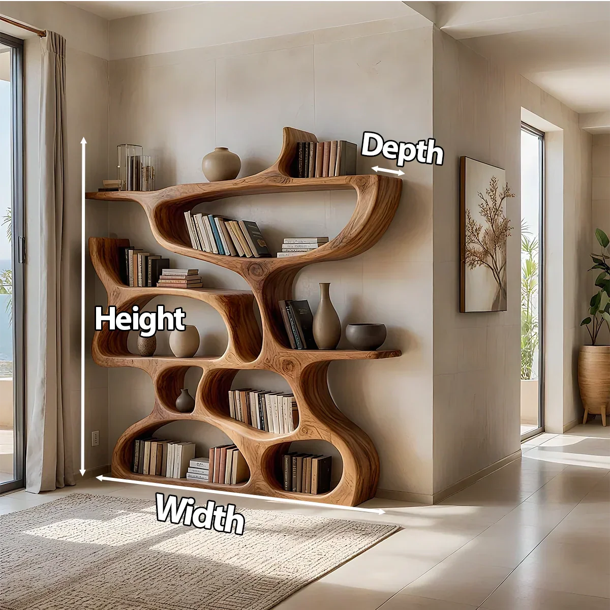 Flow Solid Wood Bookshelf – Sculpted Form Edition - Rustirawood