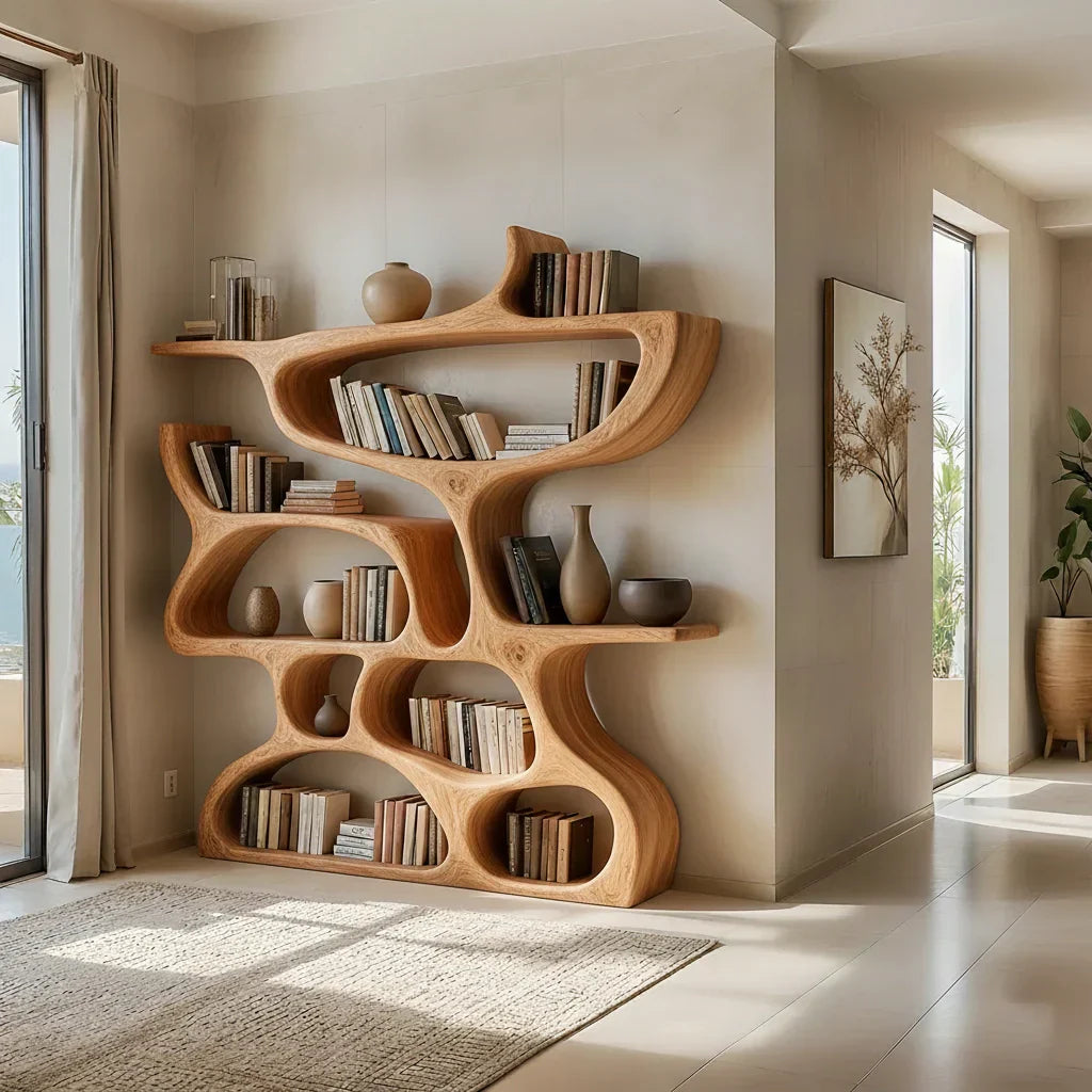Flow Solid Wood Bookshelf – Sculpted Form Edition - Rustirawood