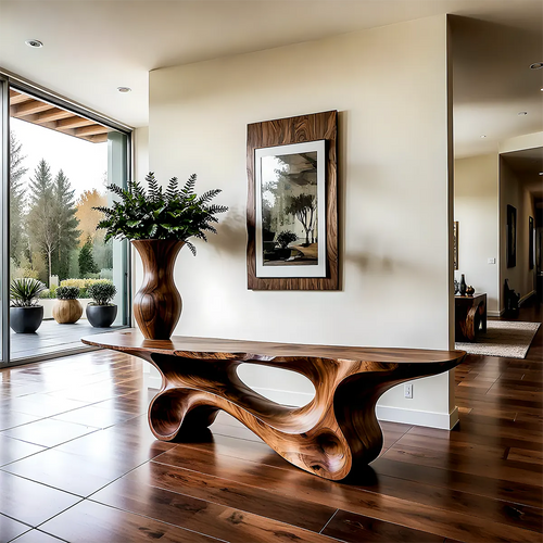 Fluid Twist Walnut Finish Console Table – Modern Sculptural Wood - Rustirawood