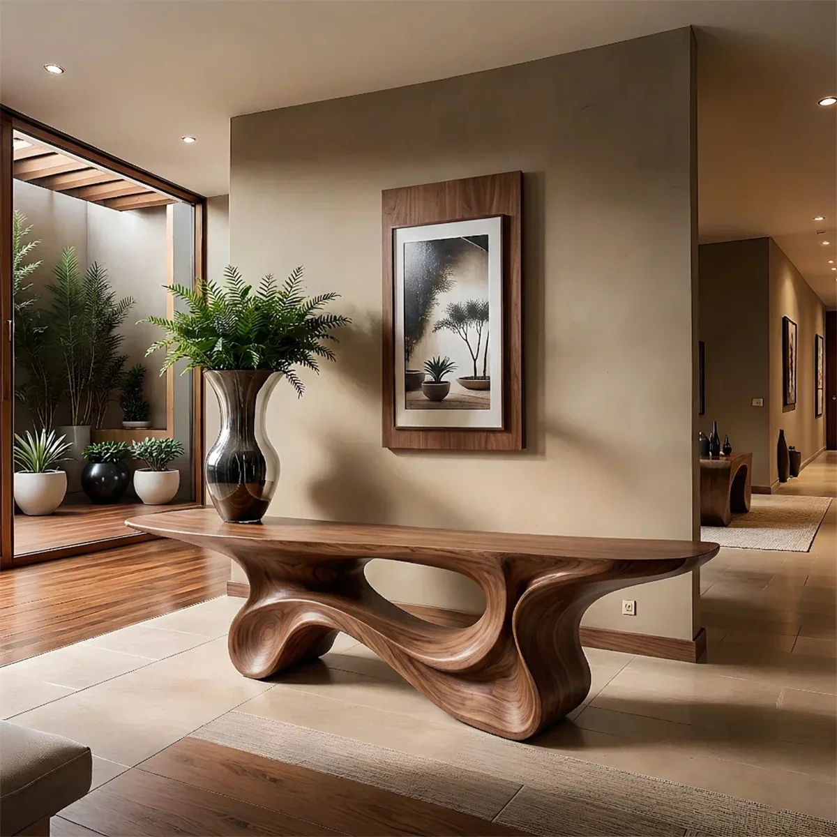 Fluid Twist Walnut Finish Console Table – Modern Sculptural Wood - Rustirawood