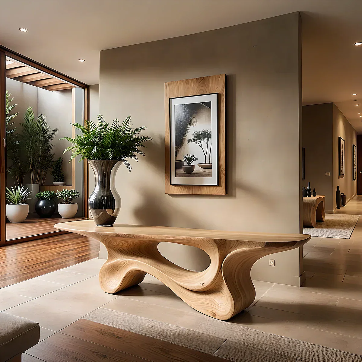 Fluid Twist Walnut Finish Console Table – Modern Sculptural Wood - Rustirawood