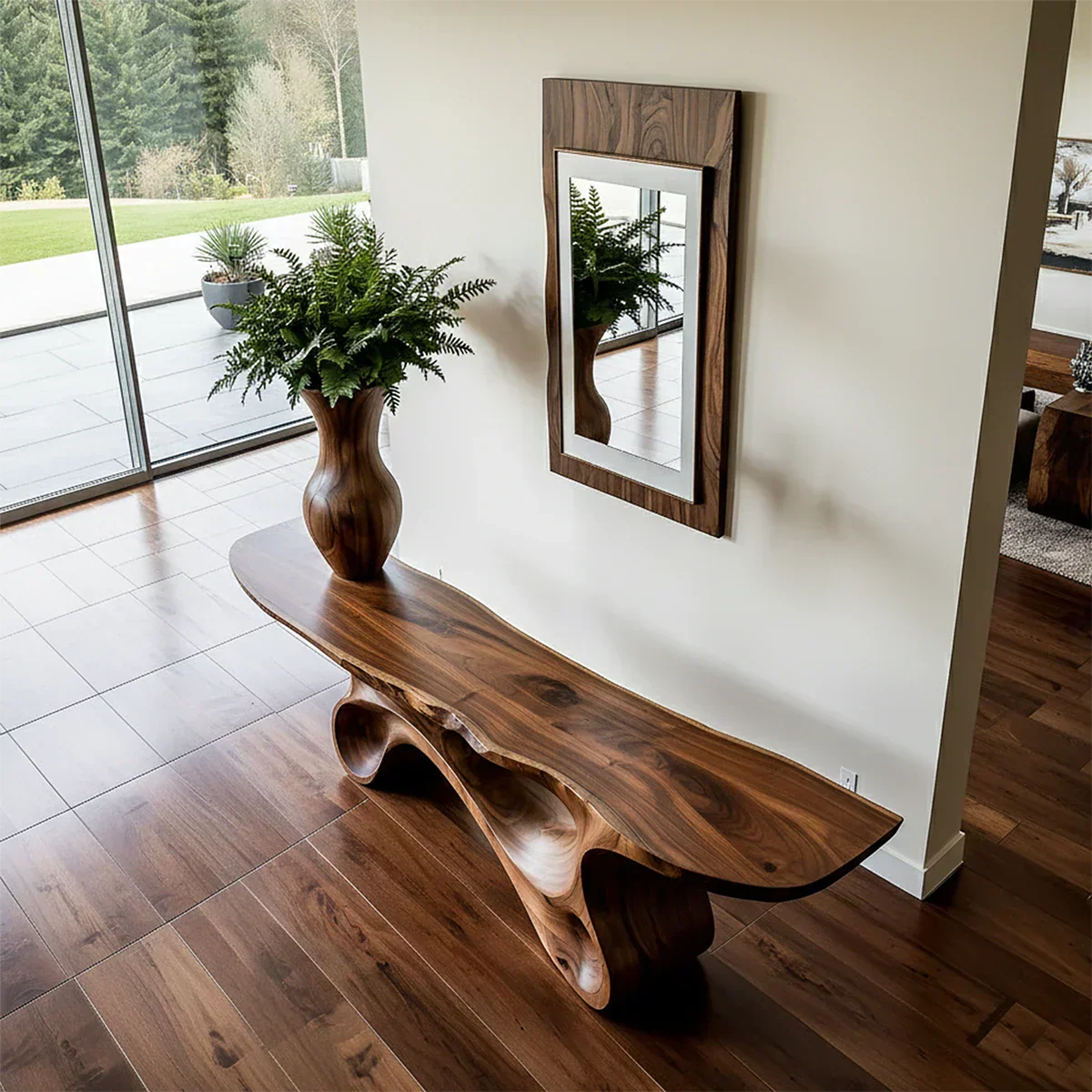 Fluid Twist Walnut Finish Console Table – Modern Sculptural Wood - Rustirawood