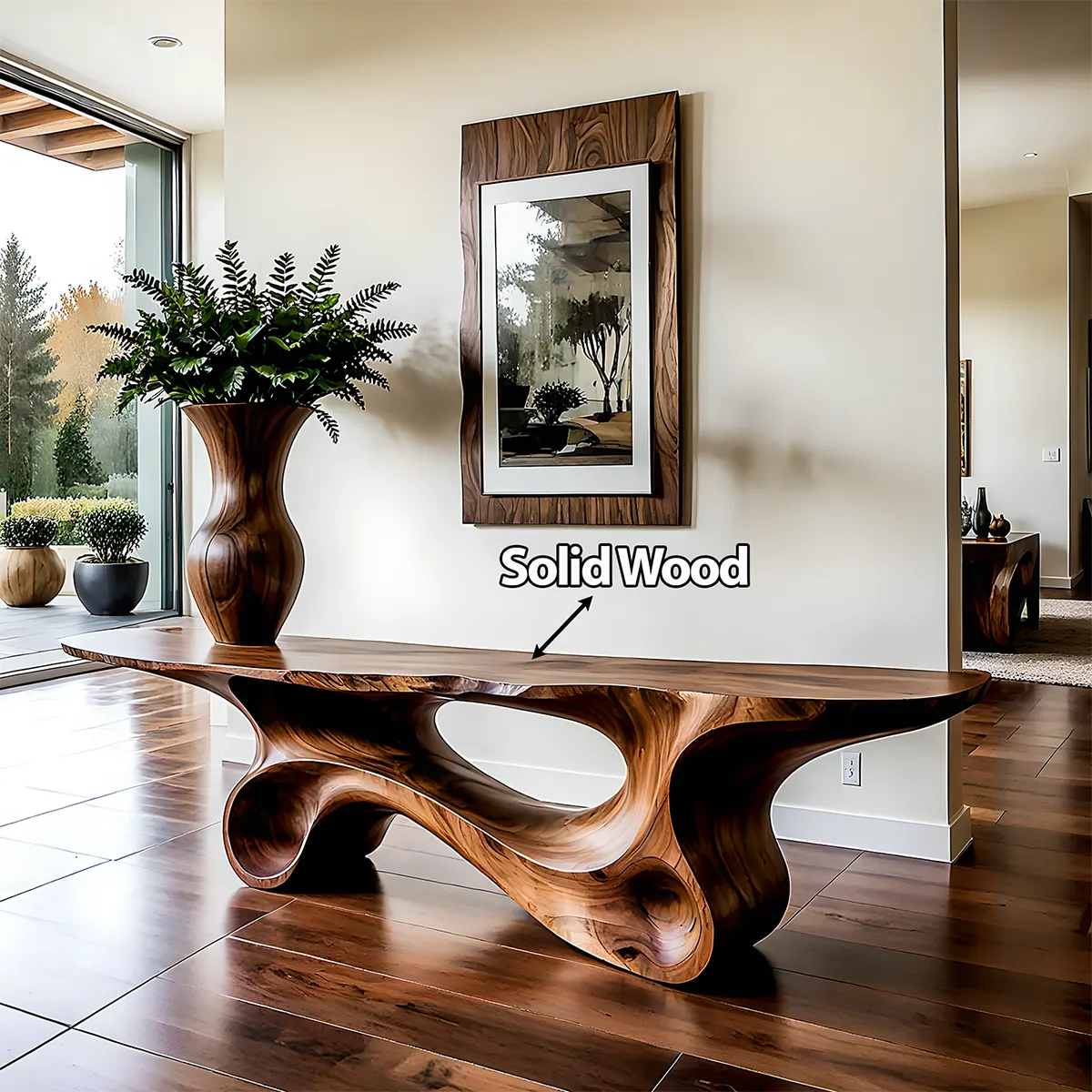 Fluid Twist Walnut Finish Console Table – Modern Sculptural Wood - Woodenecho