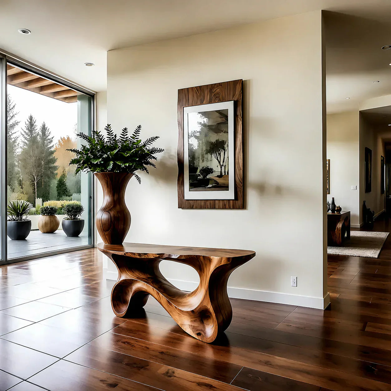 Fluid Twist Walnut Finish Console Table – Modern Sculptural Wood - Woodenecho