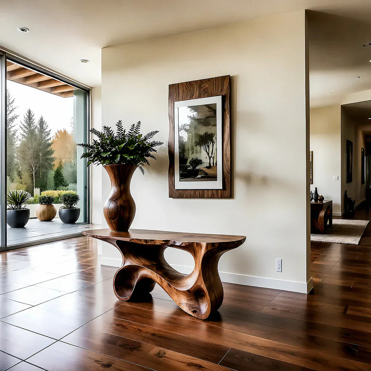 Fluid Twist Walnut Finish Console Table – Modern Sculptural Wood - Woodenecho