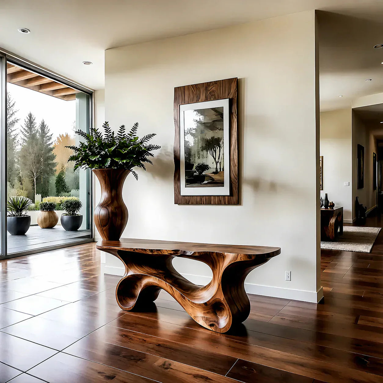 Fluid Twist Walnut Finish Console Table – Modern Sculptural Wood - Woodenecho