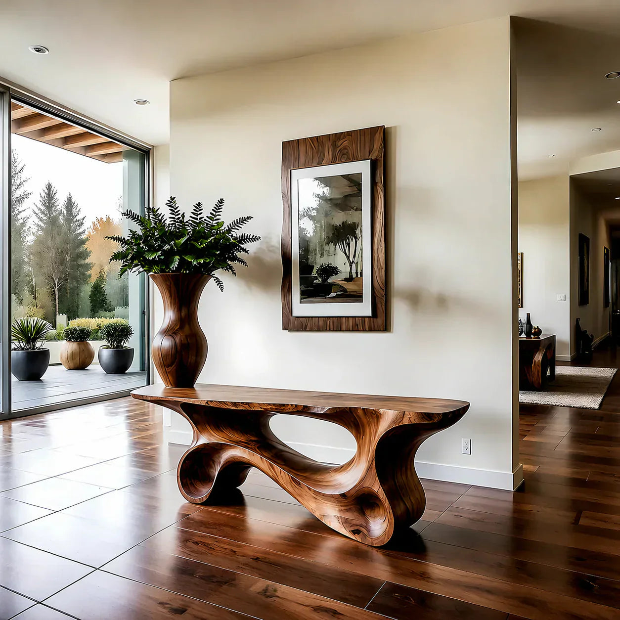 Fluid Twist Walnut Finish Console Table – Modern Sculptural Wood - Woodenecho