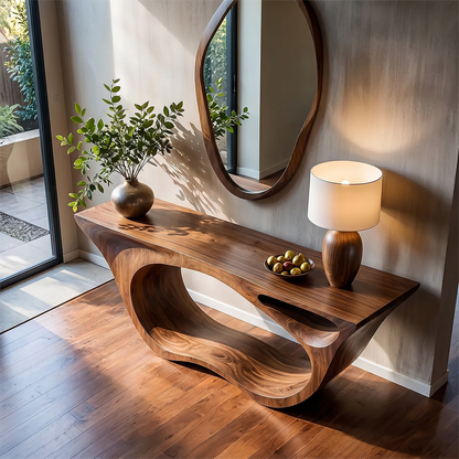 Sculptural Walnut Finish Console Table – Double Loop Wood Design