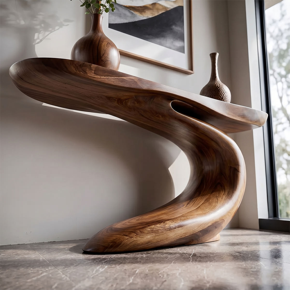 Solid Walnut Finish Wave Console Table – Modern Sculptural Design