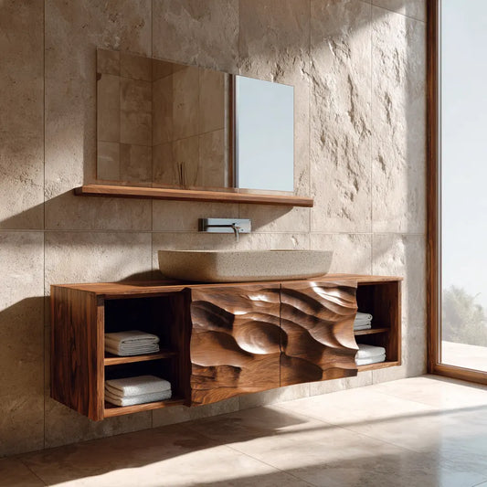 Hand Carved Natural Solid Wood Traditional Bathroom Vanity Cabinet - Rustirawood