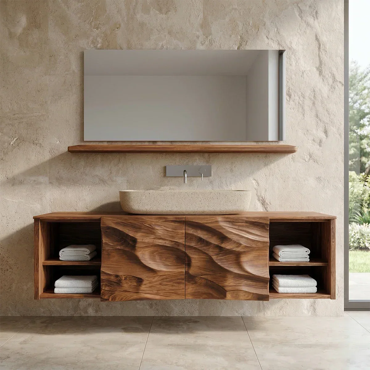 Hand Carved Natural Solid Wood Traditional Bathroom Vanity Cabinet - Rustirawood