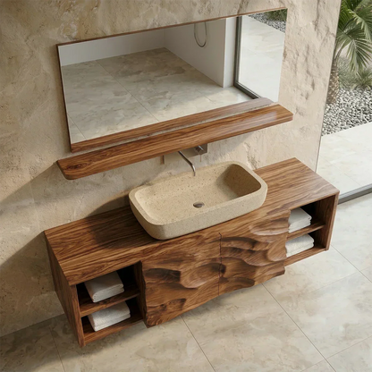 Hand Carved Natural Solid Wood Traditional Bathroom Vanity Cabinet - Rustirawood
