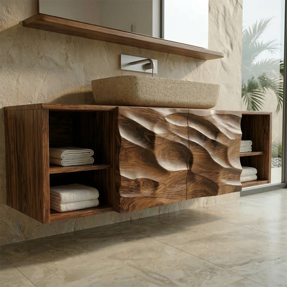 Hand Carved Natural Solid Wood Traditional Bathroom Vanity Cabinet - Rustirawood