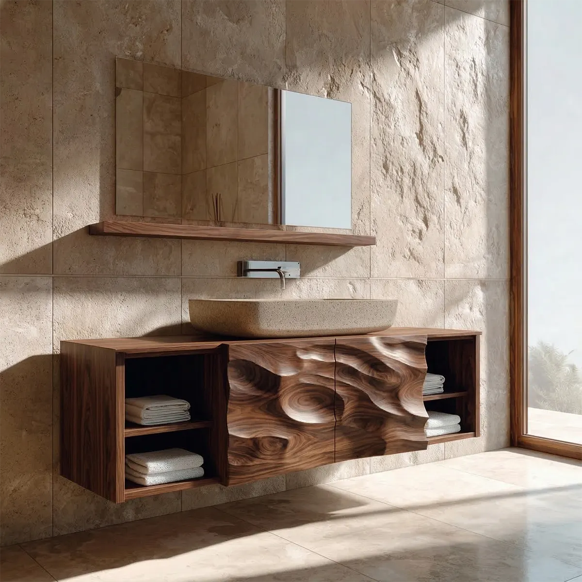 Hand Carved Natural Solid Wood Traditional Bathroom Vanity Cabinet - Rustirawood