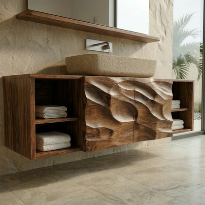 Hand Carved Natural Solid Wood Traditional Bathroom Vanity Cabinet - Woodenecho