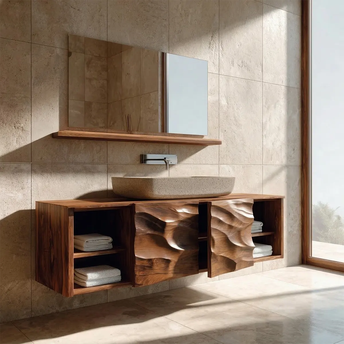 Hand Carved Natural Solid Wood Traditional Bathroom Vanity Cabinet - Woodenecho