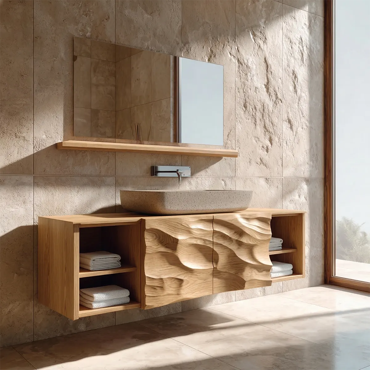Hand Carved Natural Solid Wood Traditional Bathroom Vanity Cabinet - Woodenecho
