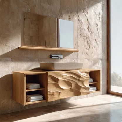 Hand Carved Natural Solid Wood Traditional Bathroom Vanity Cabinet - Woodenecho