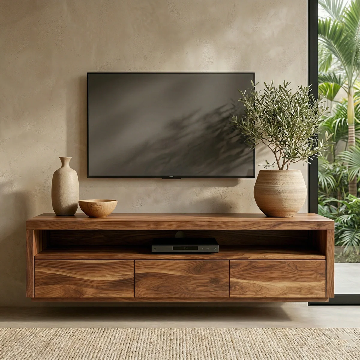 Handcrafted Floating Solid Wood TV Stand with Clean Lines and Hidden Storage Drawers - Rustirawood