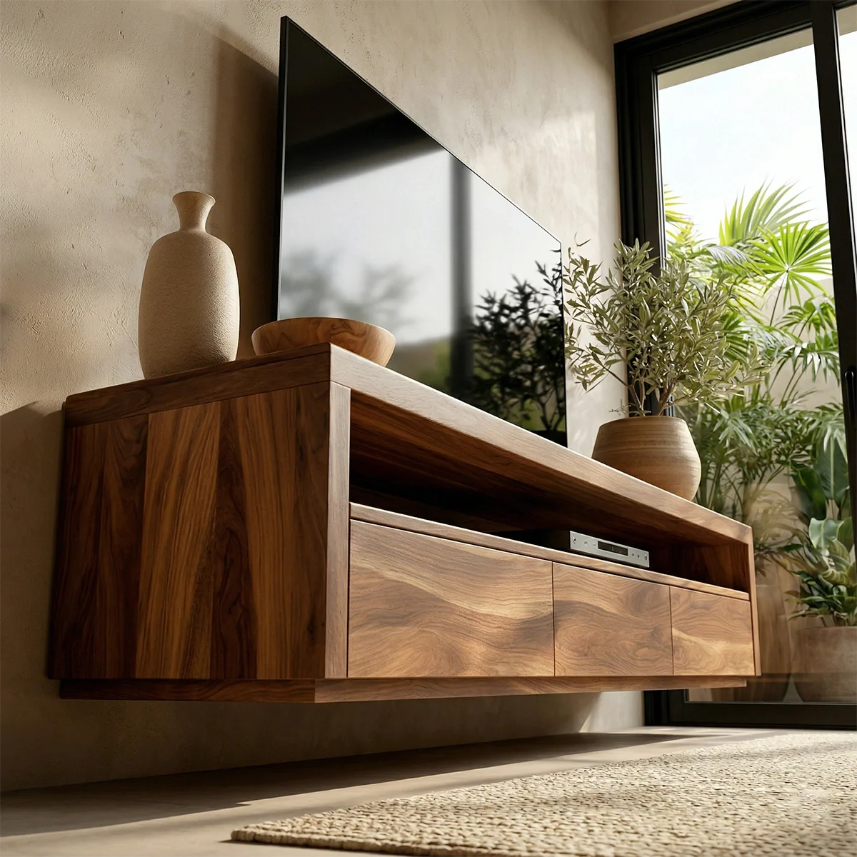 Handcrafted Floating Solid Wood TV Stand with Clean Lines and Hidden Storage Drawers - Rustirawood