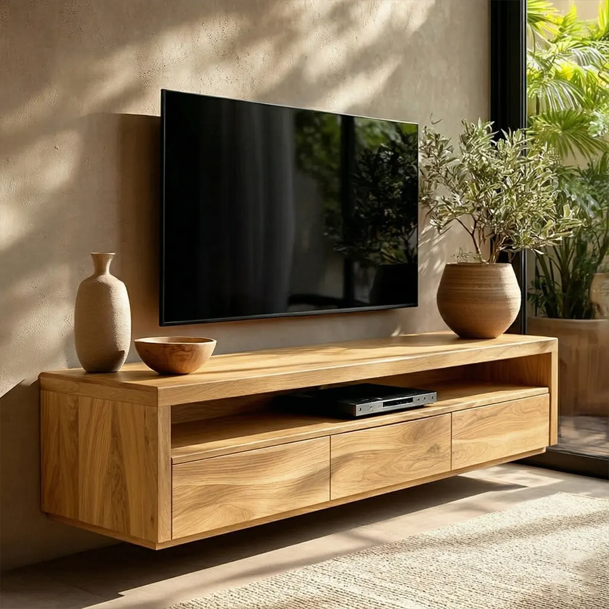 Handcrafted Floating Solid Wood TV Stand with Clean Lines and Hidden Storage Drawers - Rustirawood