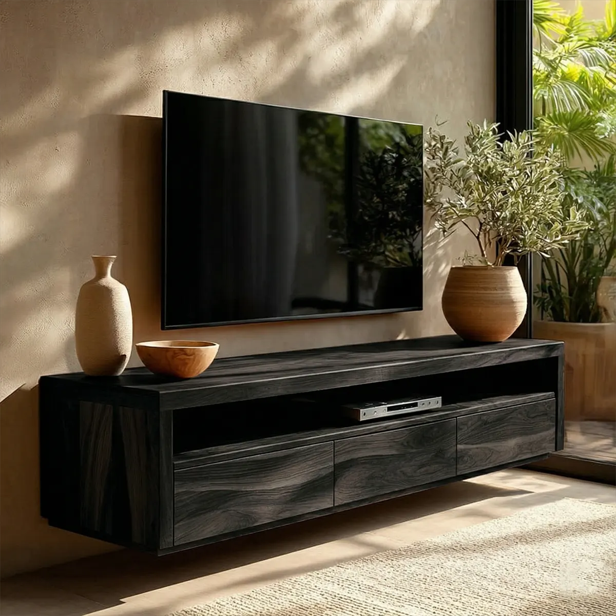 Handcrafted Floating Solid Wood TV Stand with Clean Lines and Hidden Storage Drawers - Rustirawood