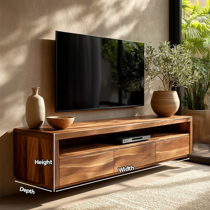 Handcrafted Floating Solid Wood TV Stand with Clean Lines and Hidden Storage Drawers - Rustirawood