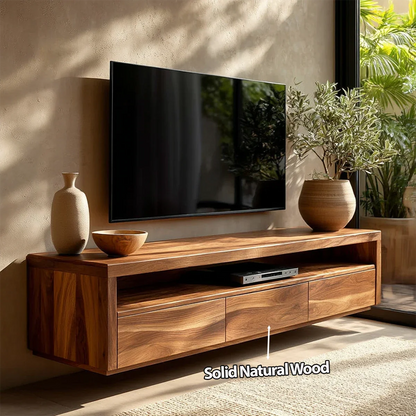 Handcrafted Floating Solid Wood TV Stand with Clean Lines and Hidden Storage Drawers - Rustirawood