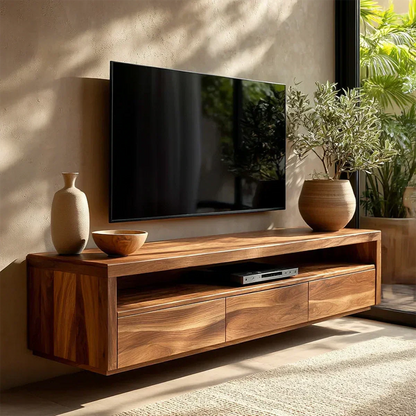 Handcrafted Floating Solid Wood TV Stand with Clean Lines and Hidden Storage Drawers - Woodenecho